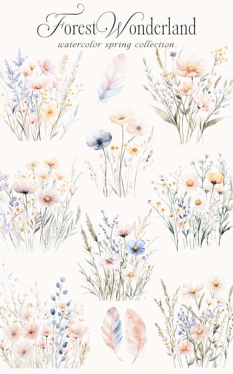 May include: Watercolor illustrations of delicate wildflowers in shades of pink, blue, and yellow. The flowers are arranged in bouquets and feature a variety of blooms, including daisies, cosmos, and forget-me-nots. The illustrations are perfect for adding a touch of spring to any project.