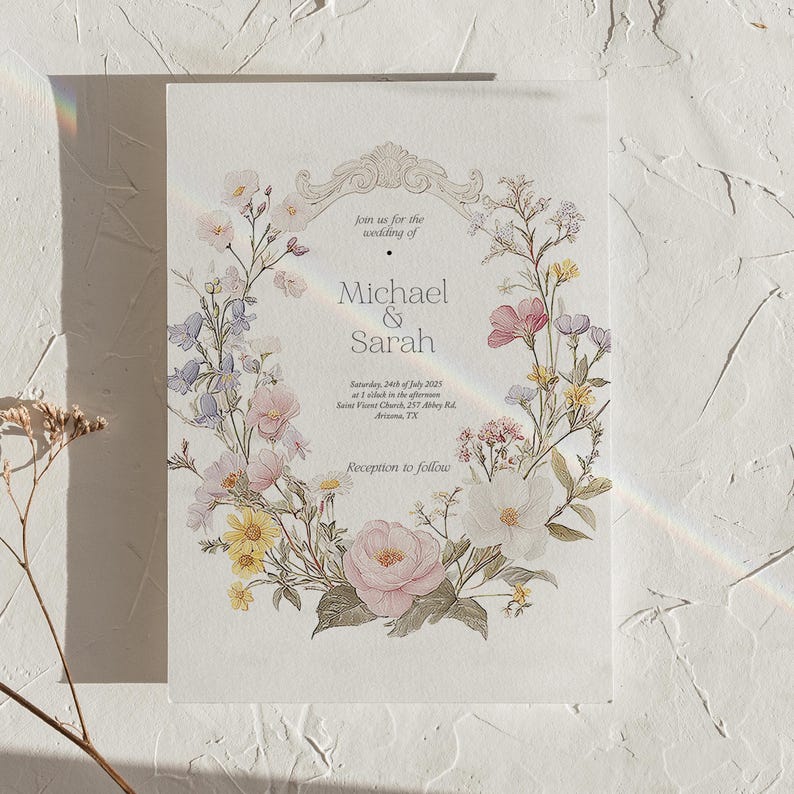 Puede incluir: Invitaci&oacute;n de boda con un dise&ntilde;o de corona floral con flores rosas, amarillas y blancas. El texto dice "Join us for the wedding of Michael & Sarah", con la fecha y los detalles del lugar. La invitaci&oacute;n tiene un estilo cl&aacute;sico y elegante.