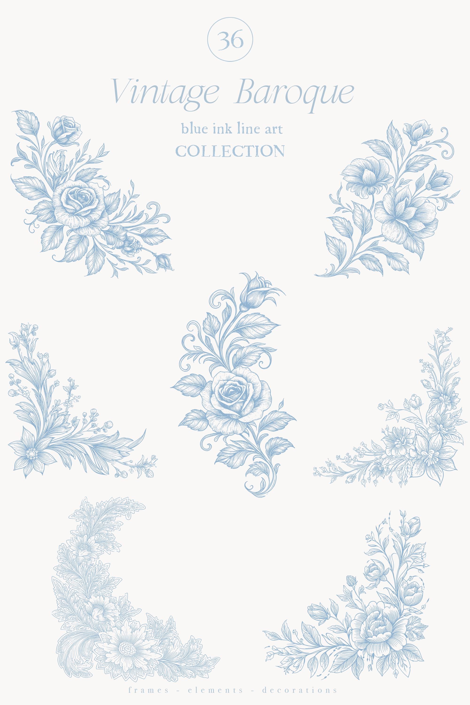 Blue Ink Line Vintage Baroque Blue Ink Line Art - Wedding Clipart- Victorian Crest ...