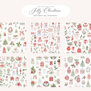 May include: Watercolor patterns featuring Christmas-themed illustrations. The designs include festive elements like Christmas trees, ornaments, gifts, and floral arrangements in red, green, and white. The text "Jolly Christmas" is displayed at the top.