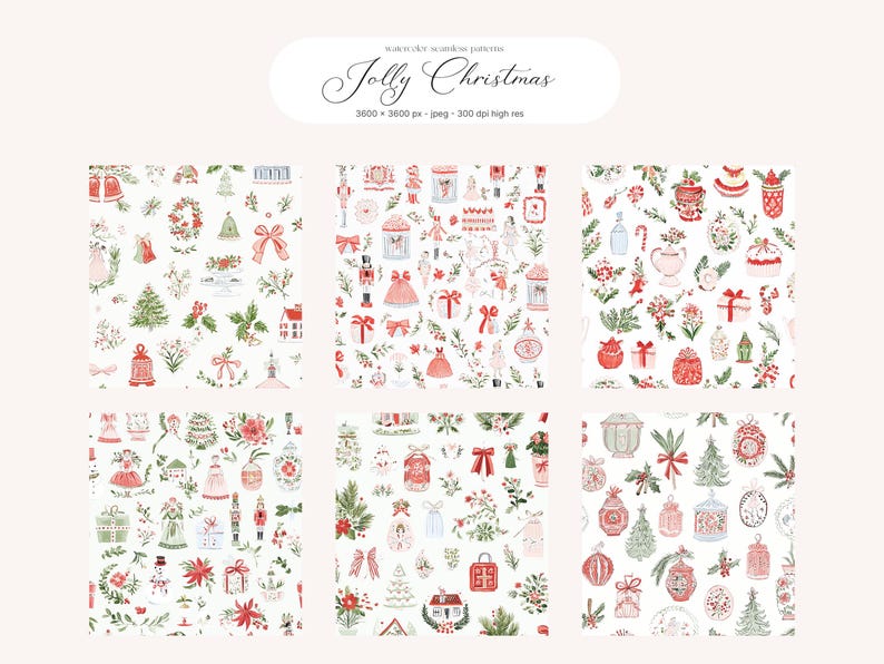 May include: Watercolor patterns featuring Christmas-themed illustrations. The designs include festive elements like Christmas trees, ornaments, gifts, and floral arrangements in red, green, and white. The text "Jolly Christmas" is displayed at the top.