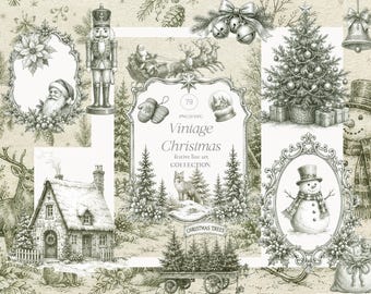 Vintage Christmas  Collection - SVG and PNG - Winter Holidays Clipart - Green Line Art -  Festive - Royal Ornamental Frame - Premade Cards