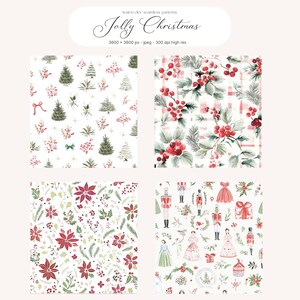 May include: Watercolor seamless patterns with a Christmas theme. The image features four different designs: Christmas trees, holly berries, poinsettias, and festive characters. The text "Jolly Christmas" is at the top.