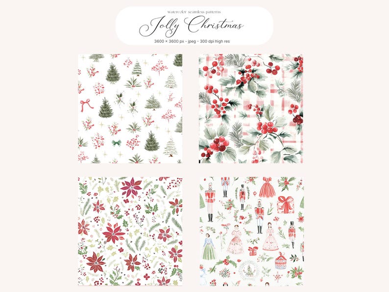 May include: Watercolor seamless patterns with a Christmas theme. The image features four different designs: Christmas trees, holly berries, poinsettias, and festive characters. The text "Jolly Christmas" is at the top.