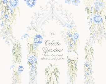 Watercolor Celeste Gardens Collection - Wedding Invitation Flowers Clipart - Floral Arrangements - Decorative Elements PNG - Frames