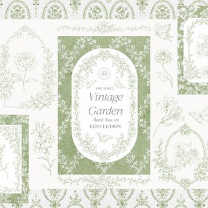 May include: A collection of vintage garden-themed digital graphics in shades of green and white. The designs include floral line art, frames, butterflies, and the text "Vintage Garden". The overall aesthetic is reminiscent of classic botanical illustrations.