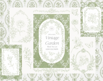 Vintage Garden Clipart Collection - SVG and PNG - Wedding Clipart - Floral Baroque Green Line Art - Victorian Crest - Royal Ornamental Frame