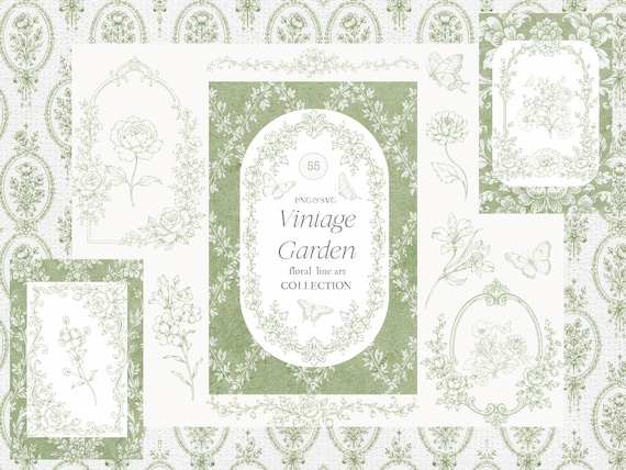 Vintage Garden Clipart Collection - SVG and PNG - Wedding Clipart - Floral Baroque Green Line Art - Victorian Crest - Royal Ornamental Frame