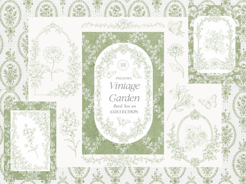 May include: A collection of vintage garden-themed digital graphics in shades of green and white. The designs include floral line art, frames, butterflies, and the text "Vintage Garden". The overall aesthetic is reminiscent of classic botanical illustrations.