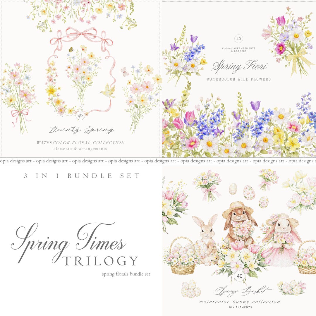 Watercolor Spring Floral Clipart Bundle - Flowers and Bunnies Bundle ...
