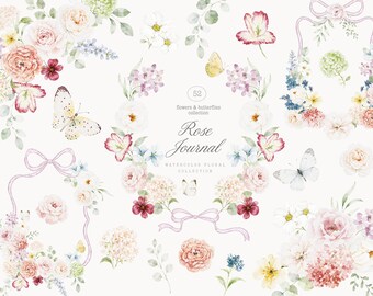 Watercolor Roses and Florals Collection - Wedding Clipart - Dusty Rose - Ribbons and Bows - Butterflies