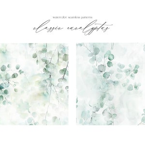 K&ouml;nnte beinhalten: Zwei nahtlose Aquarellmuster mit Eukalyptusbl&auml;ttern in Gr&uuml;nt&ouml;nen auf wei&szlig;em Hintergrund. Der Text "classic eucalyptus" steht &uuml;ber den Mustern.
