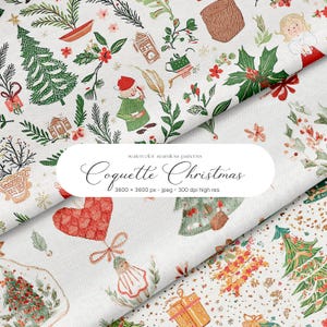 May include: Watercolor seamless patterns featuring a festive Christmas theme. The design includes Christmas trees, gift boxes, holly, and a charming figure in a green coat and red hat. The text "Coquette Christmas" is displayed on the image.