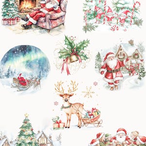 May include: Watercolour illustrations of Santa's helpers, including Santa Claus resting in a chair, elves decorating a Christmas tree, a reindeer pulling a sleigh, and a group of elves having a Christmas dinner. The illustrations are in a whimsical style with a white background.