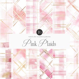 Puede incluir: 16 patrones de acuarela sin costuras en diseños de cuadros rosas y dorados.  Pink Plaids.