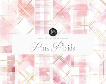 May include: 16 watercolor seamless patterns in pink and gold plaid designs.  Pink Plaids.
