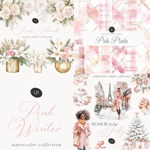 May include: A watercolor illustration set featuring pink and gold winter themes. The set includes floral arrangements, plaid patterns, and winter scenes with a Parisian Eiffel Tower, a woman in a pink coat, and a Christmas tree.