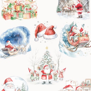 May include: Watercolour illustrations of Father Christmas and his elves in various winter scenes. The illustrations include Father Christmas delivering presents, Father Christmas with his reindeer, Father Christmas baking cookies, and Father Christmas with his elves singing Christmas carols. The illustrations are all in a watercolour style and are perfect for adding a touch of festive cheer to your home.
