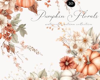 Watercolor Pumpkin Floral Clipart - Pumpkin Clipart - Watercolor Clipart - Autumn Clipart - Fall Clipart - Harvest Clipart-Unlimited License