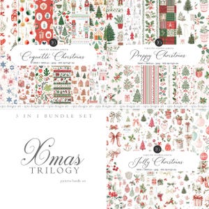 Puede incluir: Una colección de patrones navideños en acuarela en rojo, verde y blanco. Los diseños incluyen elementos festivos como adornos, lazos y árboles. La imagen presenta el texto "Coquette Christmas", "Preppy Christmas", "Xmas Trilogy" y "Jolly Christmas".