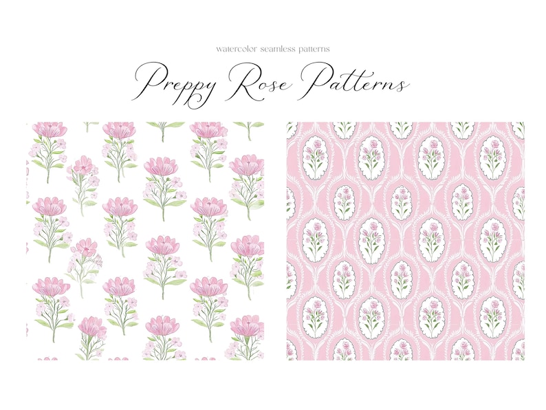 Puede incluir: Dos patrones sin costuras con rosas rosas y un delicado dise&ntilde;o floral. El primer patr&oacute;n es un fondo blanco con rosas rosas y hojas verdes. El segundo patr&oacute;n es un fondo rosa con un dise&ntilde;o floral blanco.