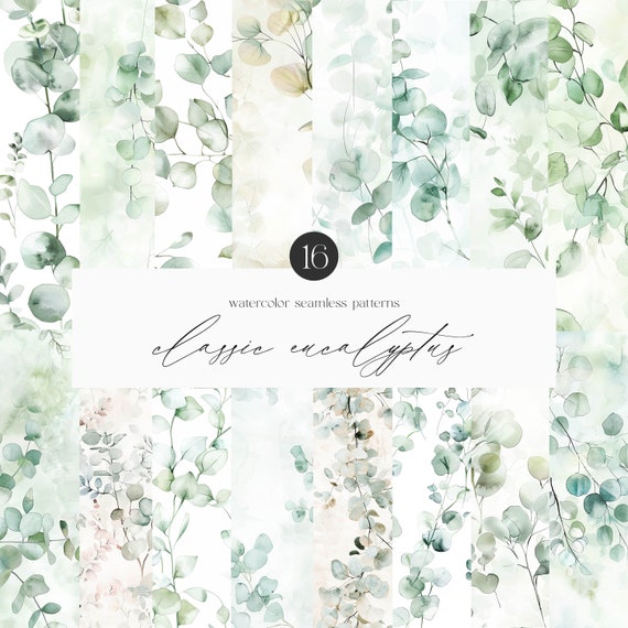 Watercolor Eucalyptus Seamless Patterns - Eucalyptus Seamless Patterns - Eucalyptus Clipart - Scrapbooking Clipart - Eucalyptus Backgrounds