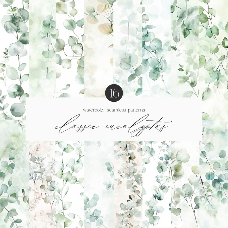 K&ouml;nnte beinhalten: 16 nahtlose Aquarellmuster mit klassischen Eukalyptusbl&auml;ttern in Gr&uuml;nt&ouml;nen auf wei&szlig;em Hintergrund. Die Muster eignen sich perfekt f&uuml;r die Erstellung digitaler oder gedruckter Designs.