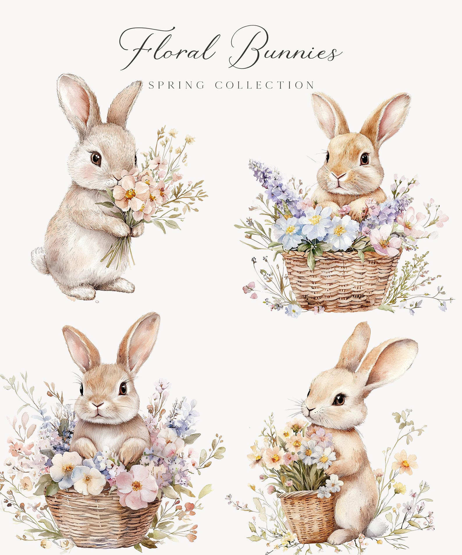 Watercolor Floral Bunnies Clipart - Nursery Spring Clipart - Spring ...