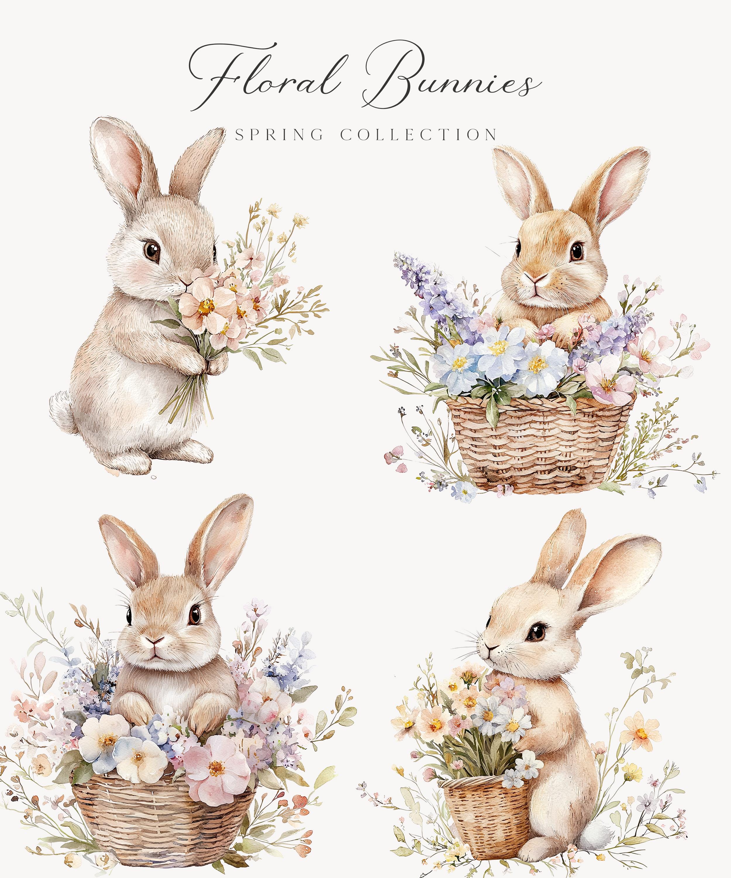 Watercolor Floral Bunnies Clipart - Nursery Spring Clipart - Spring ...