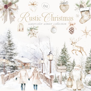 Clipart Noël rustique aquarelle - cliparts de décorations de Noël - clipart Noël confortable - clipart Noël-sapin de Noël rustique festif