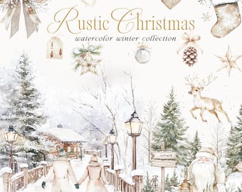 Watercolor Rustic Christmas Clipart - Christmas Ornaments Clipart - Cozy Christmas Clipart - Festive Rustic Christmas-Christmas Tree Clipart