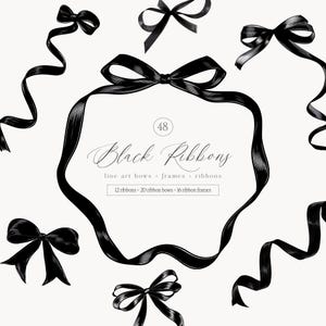 Clipartcollectie Black Coquette - zwarte linten - strikken - lintlijsten - zwarte linten - zeer fijne tekeningen - esthetiek coquette - coquettestrikken