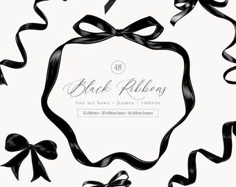 Black Coquette Clipart Collection - Black Ribbons - Bows - Ribbon Frames - Black Ribbons - Line Art - Coquette Aesthetic - Coquette Bows