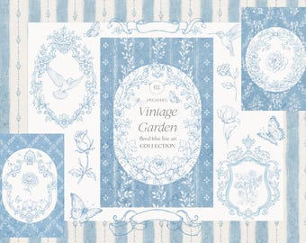 Vintage Garden Blue Clipart Collection - SVG and PNG - Wedding Clipart - Floral Baroque Line Art - Victorian Crest - Royal Ornamental Frame