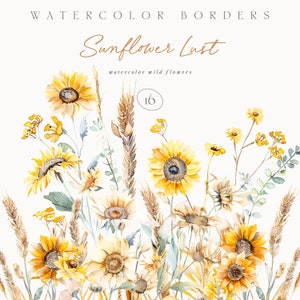 Aquarel zonnebloem grenzen - zonnebloemvelden - zomer CLipart - zonnebloemen clipart - aquarel clipart - premade zonnebloem grenzen