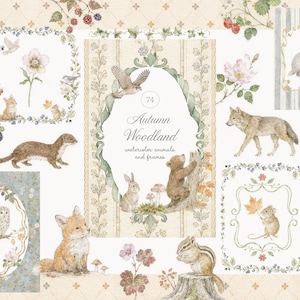 Könnte beinhalten: Eine Sammlung von Aquarellillustrationen mit Waldtieren wie Fuchs, Bärenjunges, Wolf, Eule, Dachs, Kaninchen, Maus und Streifenhörnchen, ergänzt durch florale Rahmen, Beeren und den Text Autumn Woodland watercolor animals and frames.