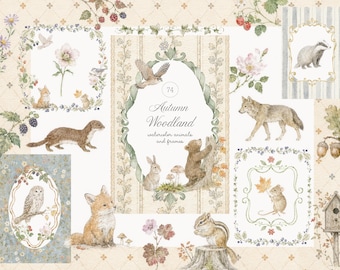 Watercolor Autumn Woodland Collection - Cottagecore - Fall Animal Graphics - Countryside - Grandmillennial - Backgrounds - Nursery Clipart