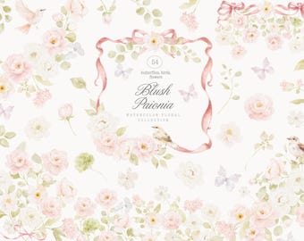 Watercolor Blush Flowers Collection - Roses and Peonies - Wedding Clipart - Floral Garden - Borders - Arrangements