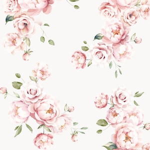 May include: A collection of six watercolor illustrations of blush pink peonies with green leaves. The illustrations are arranged in a vertical pattern on a white background. The text "Blush Peony watercolor floral collection" is at the top of the image.