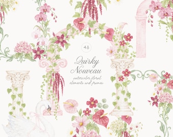 Watercolor Quirky Nouveau Illustrations Collection  - Calla Lily - Floral Frame Sketches - Swan - Wedding Clipart