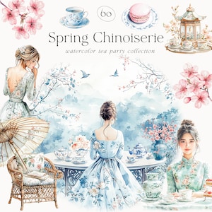 Aquarel chinoiserie tea party clipart-chinoiserie clipart-aquarel tea party-theepotten-theekopjes-chinoiserie clipart-lente
