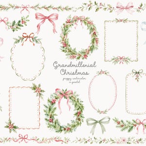 May include: A collection of watercolor illustrations featuring Christmas wreaths, holly branches, pine garlands, and pastel pink bows. The set includes various decorative frames and borders with the text Grandmillenial Christmas preppy watercolor in pastel.