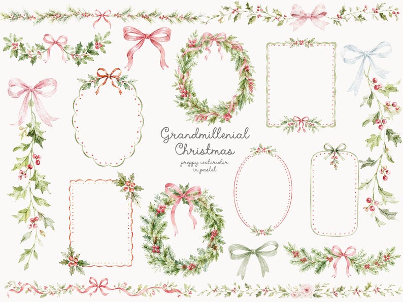 May include: A collection of watercolor illustrations featuring Christmas wreaths, holly branches, pine garlands, and pastel pink bows. The set includes various decorative frames and borders with the text Grandmillenial Christmas preppy watercolor in pastel.