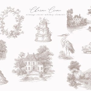 May include: A collection of vintage-style illustrations in sepia tones. The image includes a three-tiered cake, a wedding dress, a classic car, a heron, a floral wreath, and various architectural elements, all with a whimsical aesthetic.