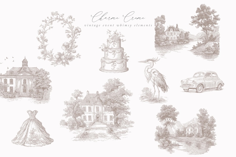 May include: A collection of vintage-style illustrations in sepia tones. The image includes a three-tiered cake, a wedding dress, a classic car, a heron, a floral wreath, and various architectural elements, all with a whimsical aesthetic.