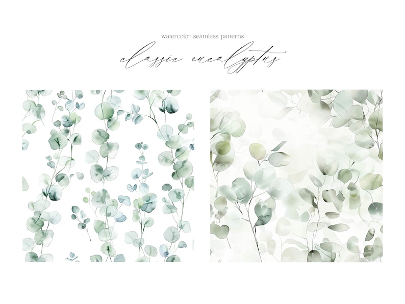 K&ouml;nnte beinhalten: Zwei nahtlose Aquarellmuster mit Eukalyptusbl&auml;ttern in Gr&uuml;nt&ouml;nen auf wei&szlig;em Hintergrund. Der Text "classic eucalyptus" ist oben im Bild in Kursivschrift geschrieben.