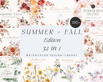 Watercolor Summer and Fall Bundle - Watercolor Clipart Bundle - Floral Clipart Bundle - Seamless Patterns Bundle - Summer Bundle -Bundle