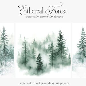 May include: Watercolor painting of a misty forest with tall green trees. The painting is titled "Ethereal Forest" and has the text "watercolor winter landscapes" below the title. The text "watercolor backgrounds & art papers" is at the bottom of the image.