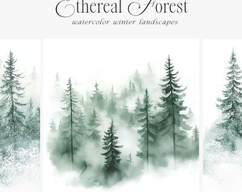 Watercolor Ethereal Forest Backgrounds - Pine Forest Backgrounds - Scrapbook Paper - Digital Paper - Watercolor Backgrounds - Winter Clipart