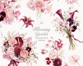 Watercolor Blooming Garden Collection - Floral Arrangements - Flowers Bouquet Collection - Hydrangeas - Calla Lilies - Elements PNG